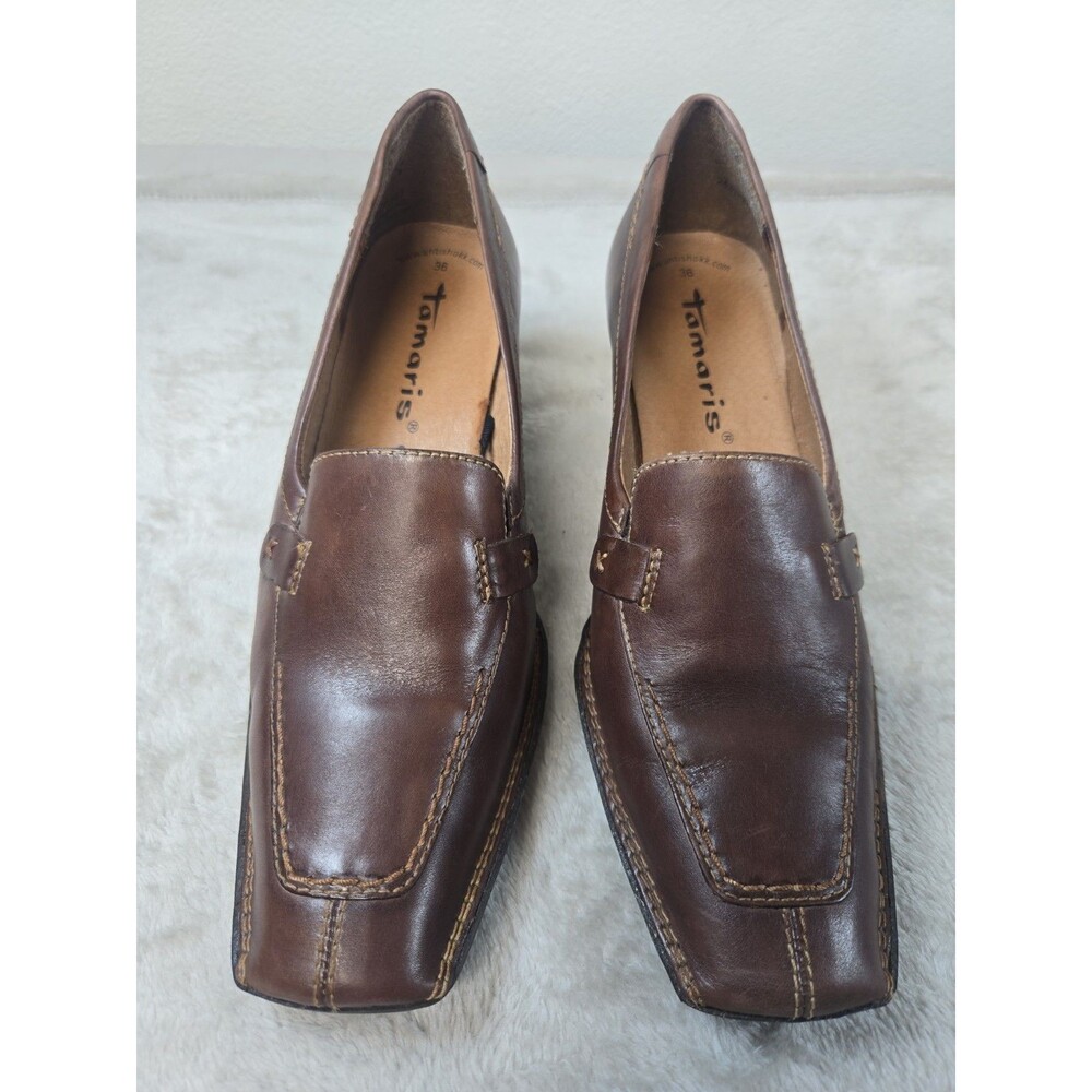 Tamaris AntiShokk Corportae Goth Brown Genuine Leather Heeled Loafers Size 36